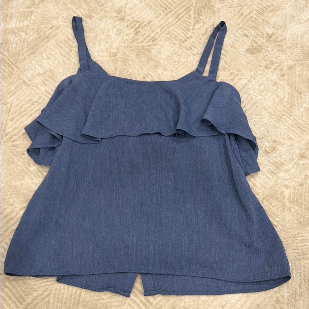 Blue Ruffled Button-Down Top - Picture 6 of 7